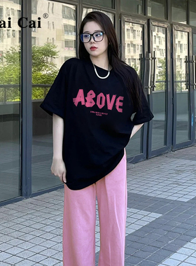 黑色短袖T恤女2025夏季新款爆款美式宽松纯棉半袖设计感小众上衣