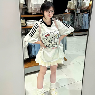 美式三条杠纯棉短袖t恤女大童夏季初中高中学生百搭宽松半袖上衣