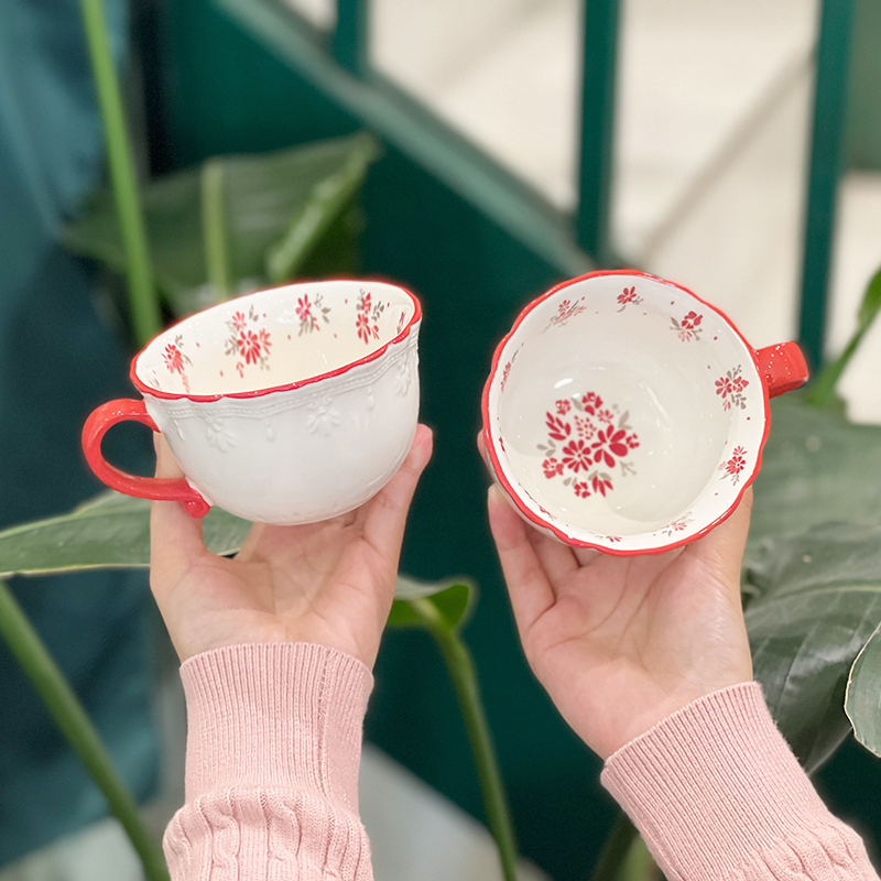 小红花浮雕陶瓷杯小众设计花边