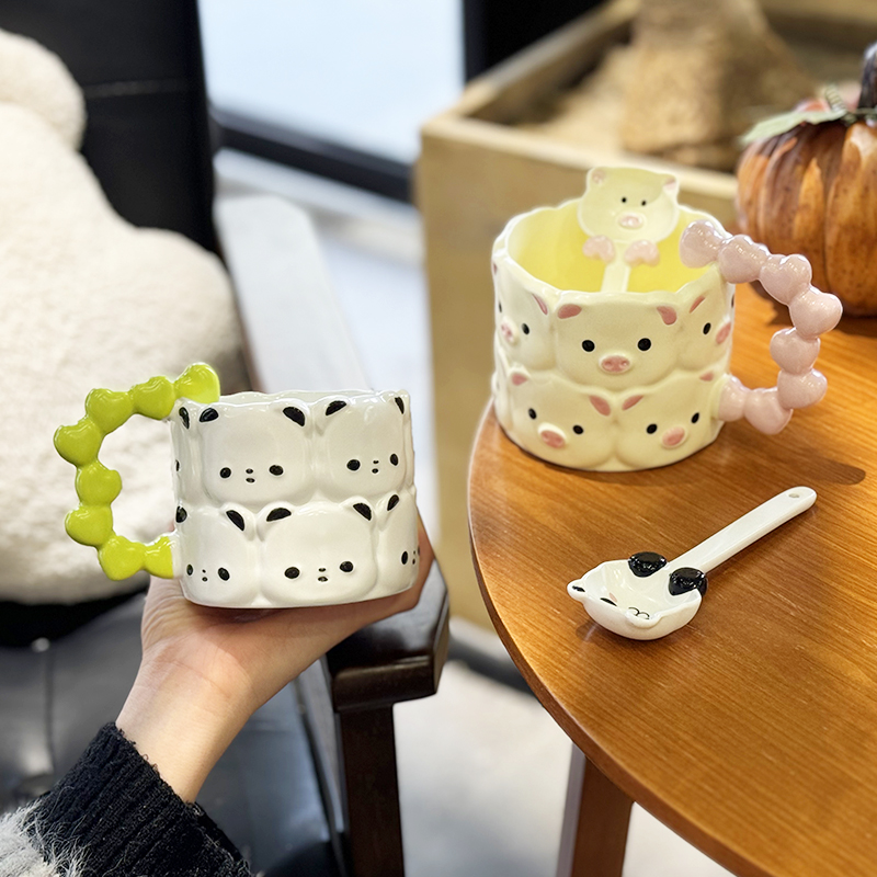 可爱小猪卡通动物马克杯陶瓷水杯带勺家用喝水杯送闺蜜送生日礼物