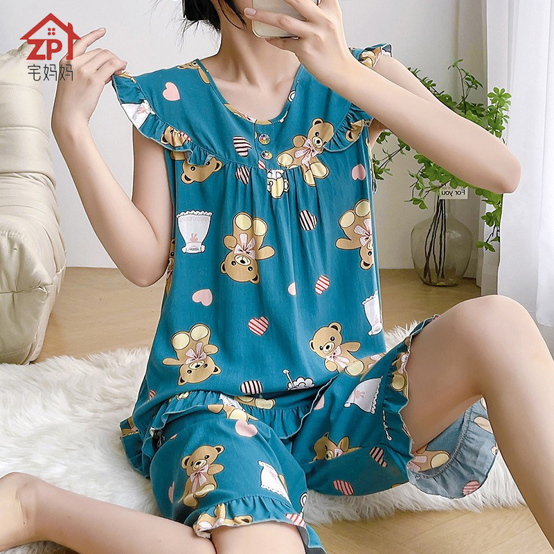 无袖荷叶边棉绸睡衣套装女夏天