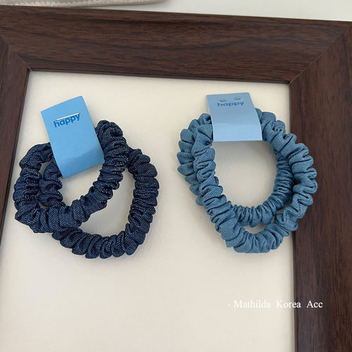 韩国百搭牛仔蓝布艺小肠圈发圈两件套气质简约马尾皮筋扎头发绳新