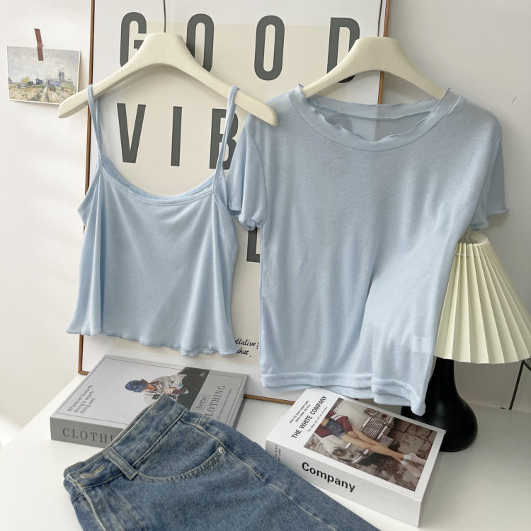 2025薄款圆领短款短袖t恤衫+无袖吊带背心两件套 纯色上衣套装女,女装/女士精品,时尚套装,淘宝优惠券,粉丝福利购,淘宝优惠卷