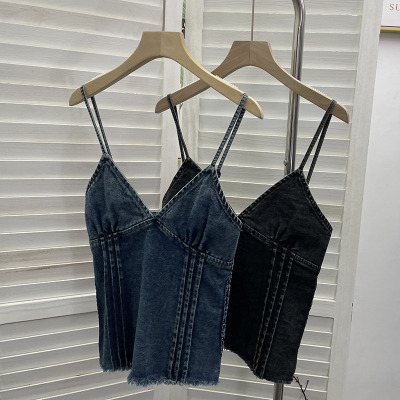 性感深v领拼接毛边无袖牛仔吊带衫 辣妹低胸后背打揽上衣小背心女