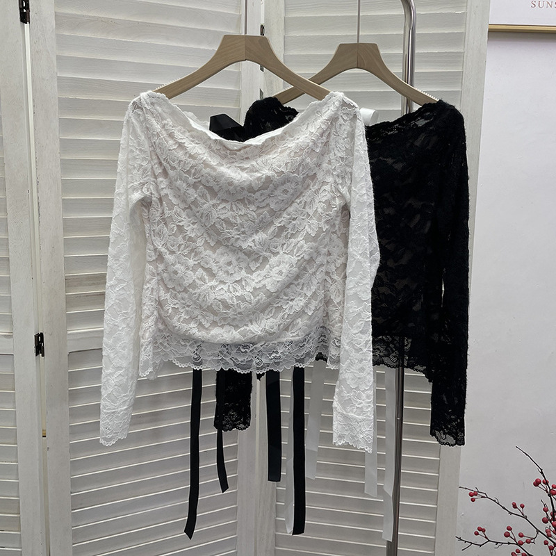 一字肩后背蝴蝶结系带撞色带胸垫长袖蕾丝衫 镂空露肩露背上衣女