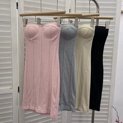 纯欲风拼接带胸垫无袖连衣裙子 辣妹纯色紧身中长款包臀裙抹胸裙