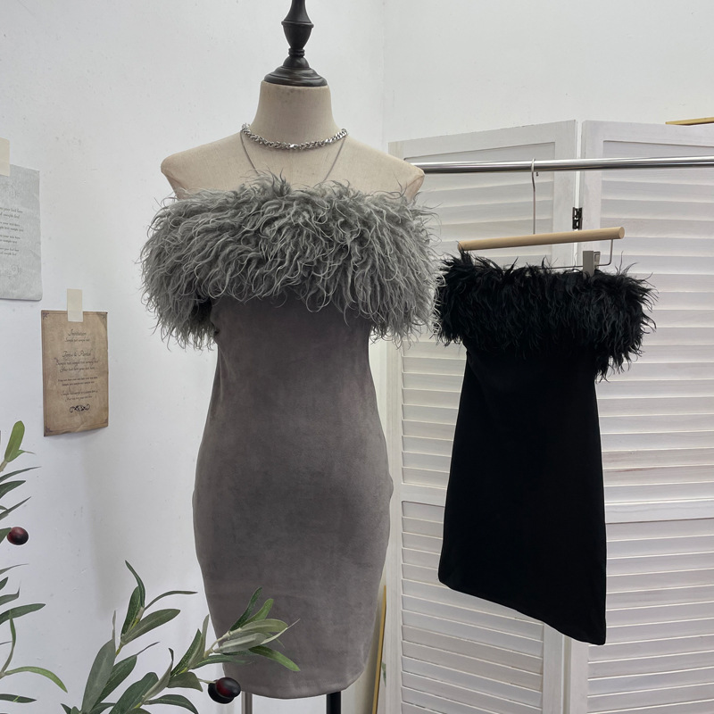 一字肩毛毛拼接仿鹿皮绒无袖连衣裙子 中长款包臀裙抹胸礼服裙女