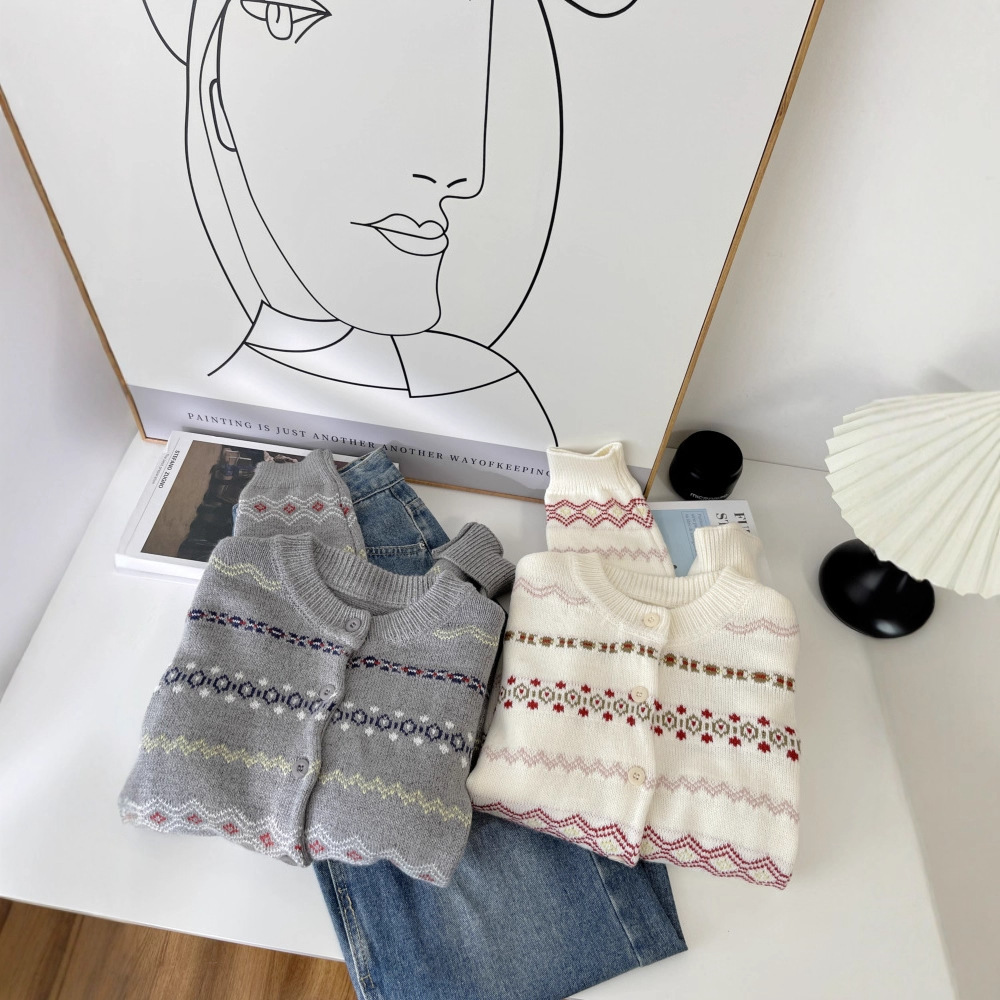 民族风减龄圆领花纹排扣长袖毛衣 秋冬休闲上衣针织衫开衫外套女