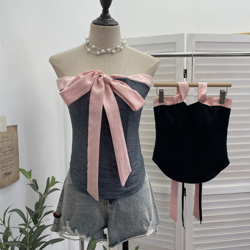 蝴蝶结系带撞色后背穿绳系带无袖抹胸 带胸垫露背上衣背心裹胸女
