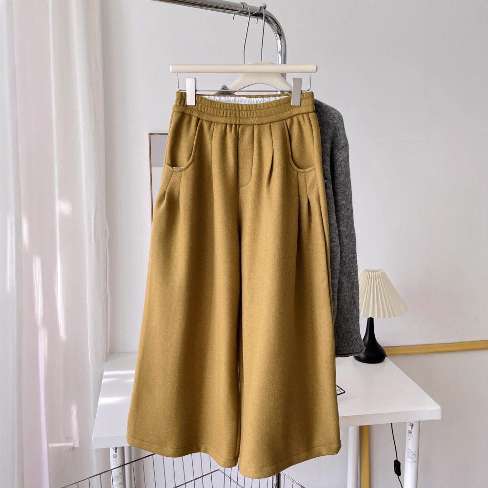 松紧高腰口袋压褶加绒休闲裤子 秋冬毛呢8分裤阔腿裤长裤直筒裤女