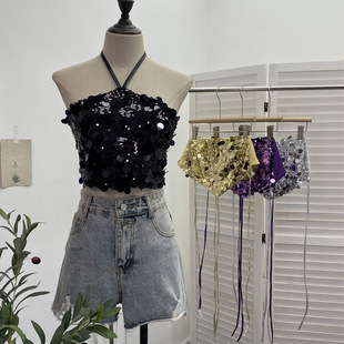 露背背心上衣围裹女 吊带衫 夜店风重工bling亮片装 饰挂脖系带无袖