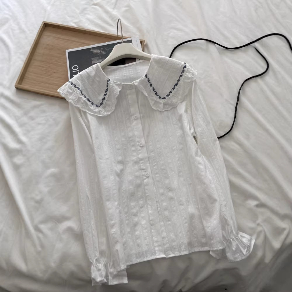 花边拼接翻领刺绣竖条长袖衬衫 宽松排扣微喇袖休闲上衣娃娃衫女,女装/女士精品,衬衫,淘宝优惠券,粉丝福利购,淘宝优惠卷