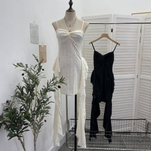 废土风做旧破洞扭结飘带无袖吊带连衣裙子 设计感中长款包臀裙女