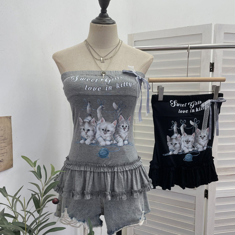 甜辣小猫印花蝴蝶结装饰带胸垫无袖抹胸 压褶木耳边露背上衣背心,女装/女士精品,抹胸,淘宝优惠券,粉丝福利购,淘宝优惠卷