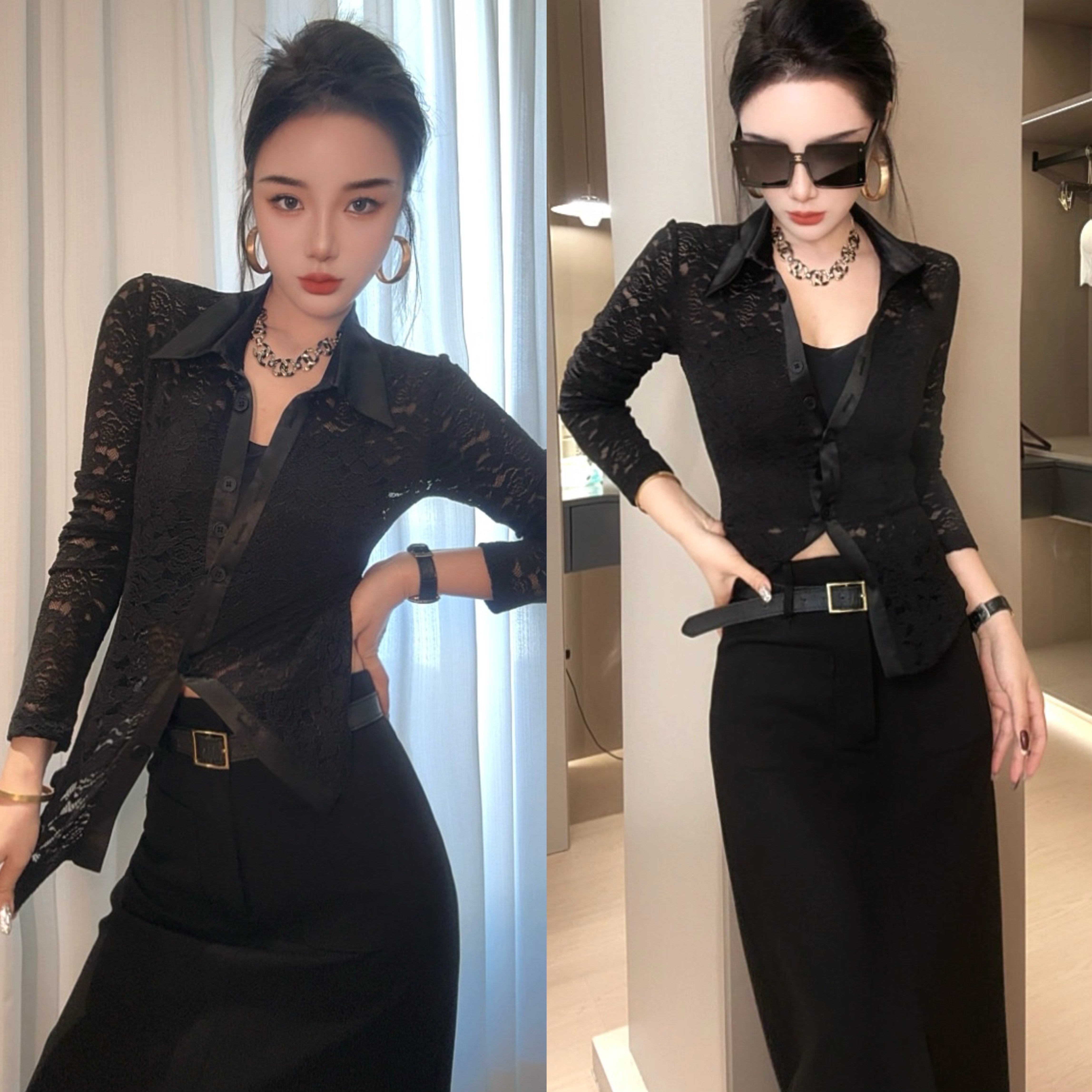 莎火火-2025洋气时尚气质时髦小众设计感蕾丝修身显瘦衬衫女3043
