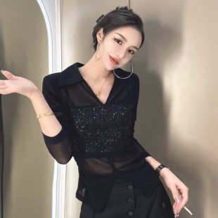 显瘦上衣女潮9937 洋气修身 2025春夏新款 冰丝网纱拼接亮片v领时尚