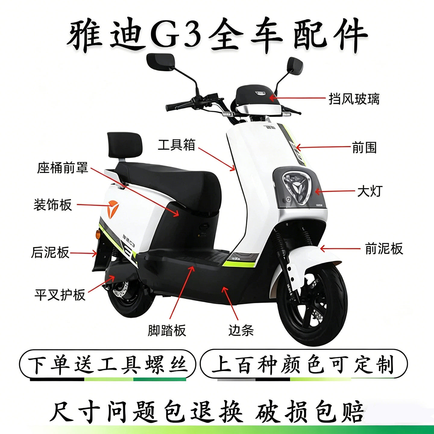 雅迪冠能G3电动车外壳配件大全前围挡泥板靠背前泥板挡风玻璃壳图片