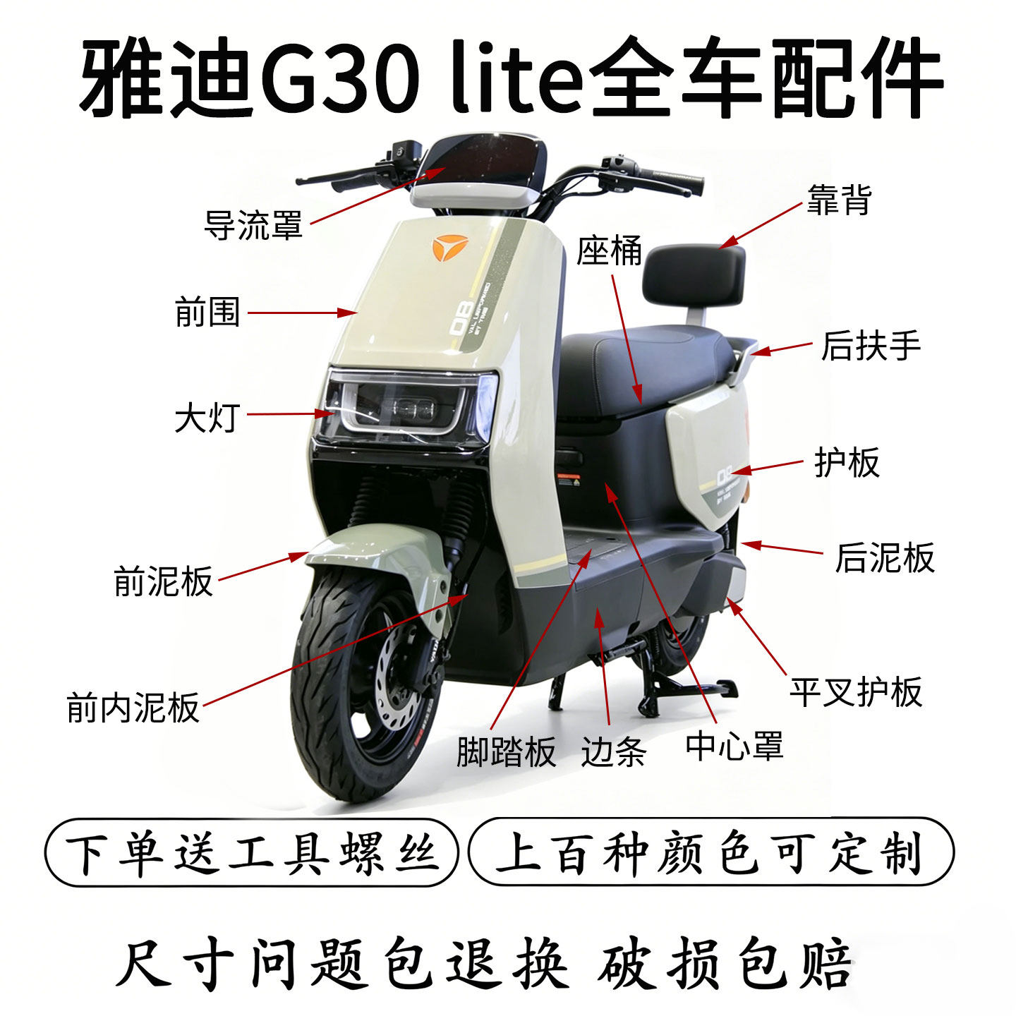 雅迪G30lite配件电动车全车外壳配件大全前围边条挡泥板原厂原装图片