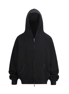 纯色美式复古卫衣男女上衣2024连帽春秋季宽松boxy半拉链套头卫衣