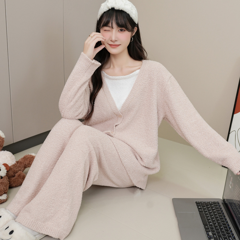 冬季半边绒高级软绵绵毛线纱可外穿时尚加厚长袖保暖家居服套装