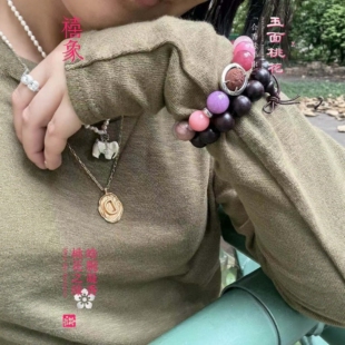 禧象桃花手串 配饰贵人福禄蕾虎 玉面桃花粉水晶合香珠串新中式