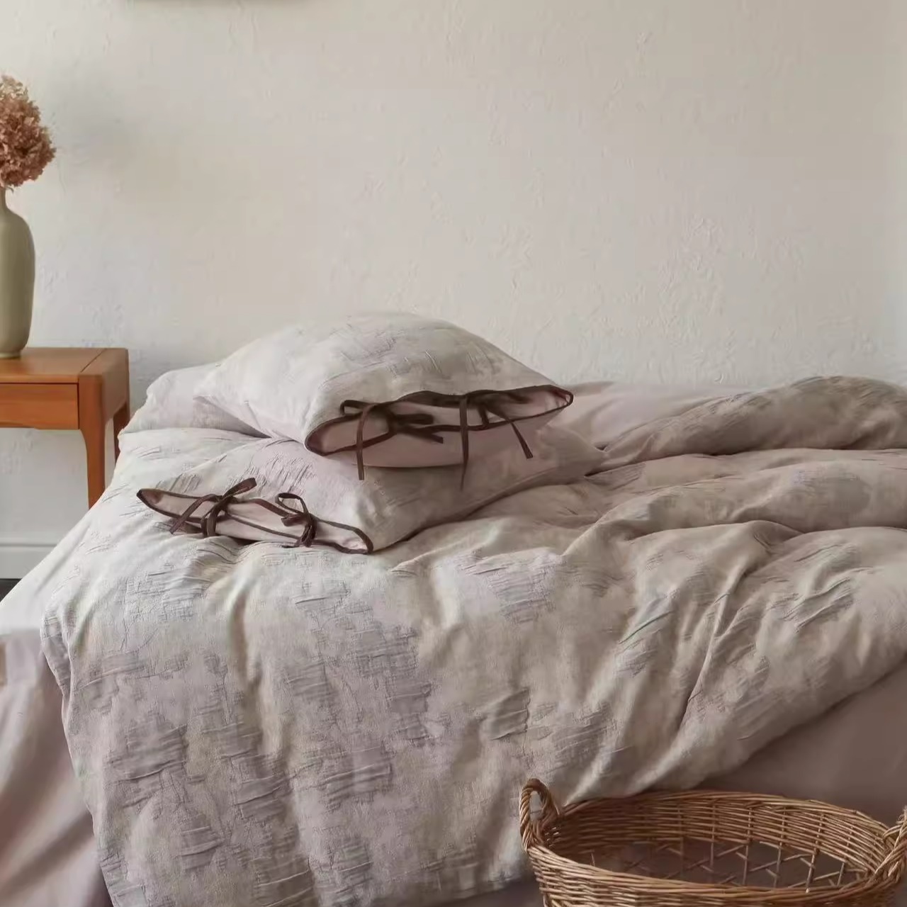 提花绑带 秋冬复古法式100支婴儿棉磨毛四件套亲肤柔软莫兰迪色