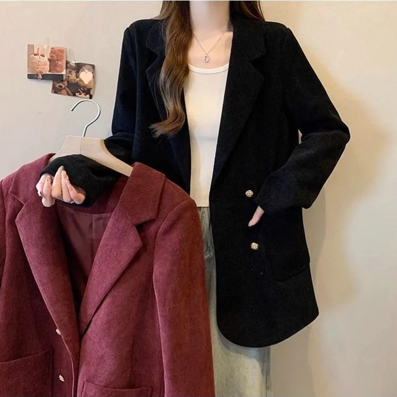 安哥拉红灯芯绒正肩西装外套女装大码早春秋冬季感气质上衣潮