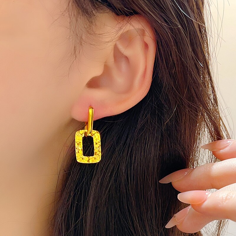 金店同款沙金碎冰冰方耳环送女友