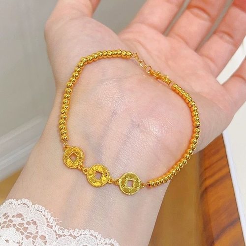 新中式沙金碎冰冰五帝钱币珠手链