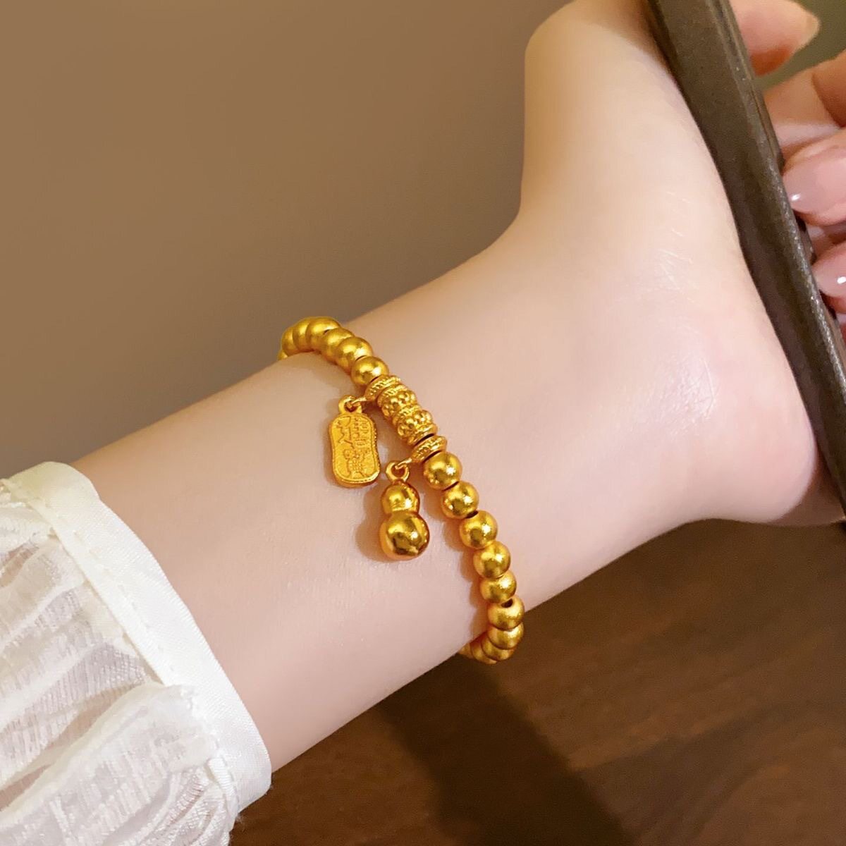 沙金饰品招财进宝葫芦手链女24K黄金色转运珠手串小众高级感配饰