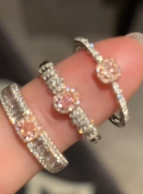 粉钻锆石戒指轻奢开口小众设计个性简约百搭气质时尚指环满钻方形