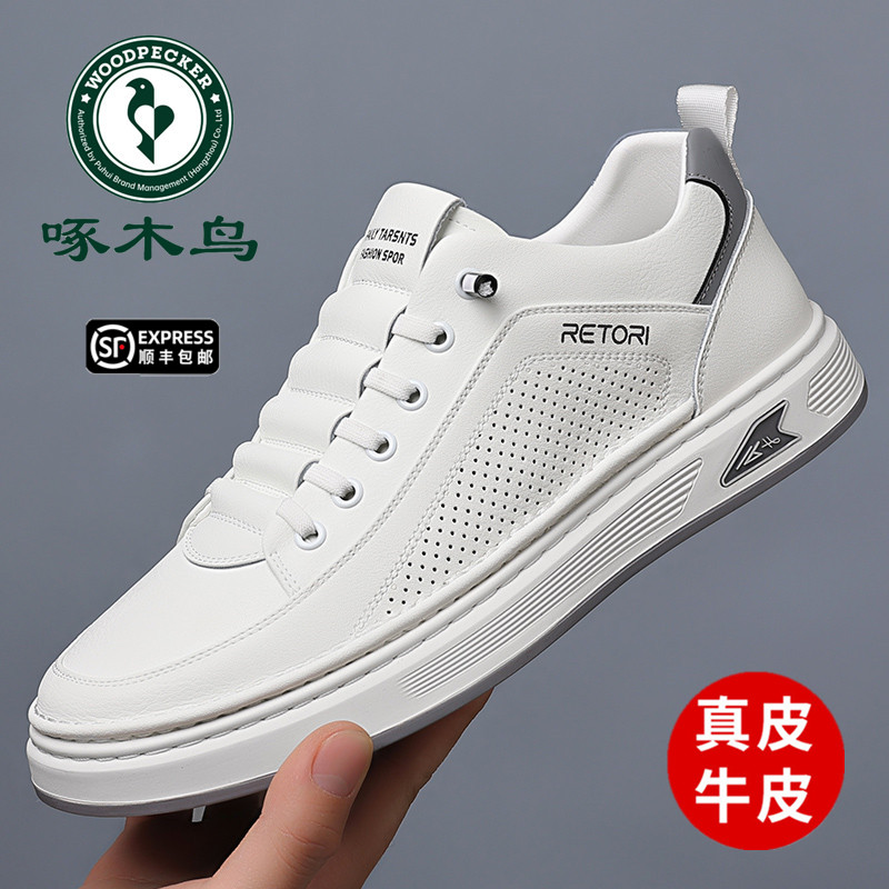 啄木鸟男鞋夏季新款软底板鞋男韩版休闲皮鞋男真皮百搭镂空小白鞋