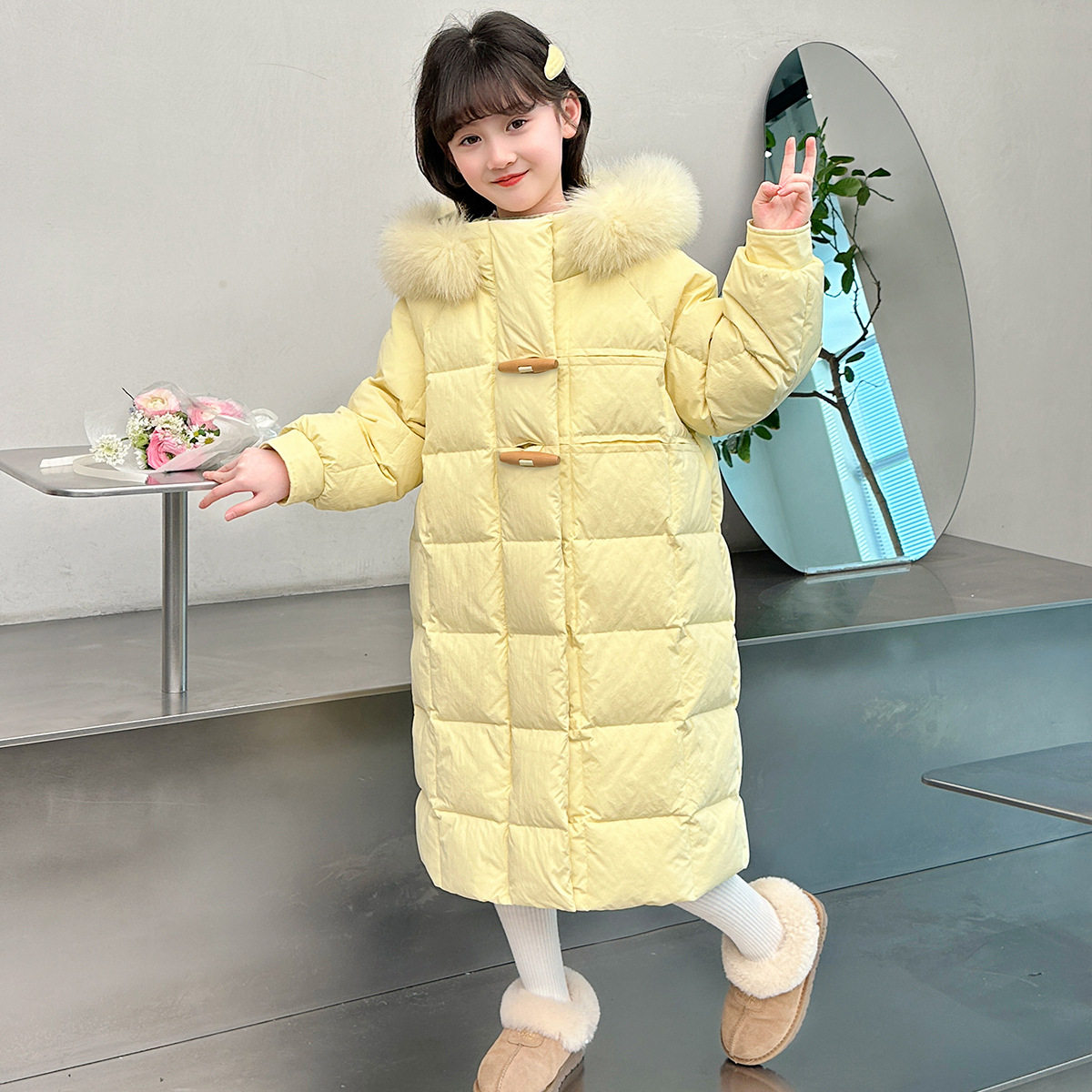 女童冬季新款棉服洋气小女孩中大童冬天中长款棉袄 可拆卸大毛领