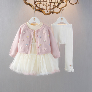 公主裙女童2026新款春装小童连衣裙春秋女孩装外套打底裤三件套装