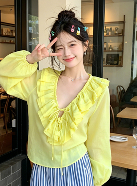 兮兮花颜会呼吸的全苎麻慵懒花边长袖防晒衬衫松小众V领上衣
