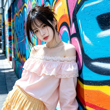 兮兮花颜一字肩长袖衬衫女26春夏新款两面穿上衣蕾丝荷叶边泡泡袖