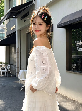 兮兮花颜一字肩衬衫薄款防晒长袖T恤女夏气质衬衫上衣2026年新款