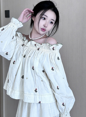 兮兮花颜一字肩宽松衬衫女纯棉2026新款设计感小众长袖刺绣上衣春