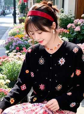兮兮花颜毛针织衫女2026春秋新款韩系穿搭设计感黑色长袖开衫外穿