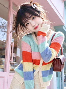 兮兮花颜针织开衫毛衣女2026春装新款长袖短上衣外穿粗条纹针织衫