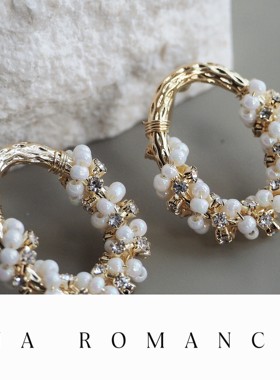 JaR 简约气质手工缠绕米粒珍珠耳环新款小众高级超闪锆石耳饰