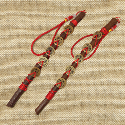 五帝钱桃木挂件护身镇宅桃枝摆件