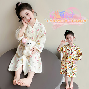 长袖薄款女童卡通棉质睡袍系带家居服甜美可爱风儿童浴袍四季通用