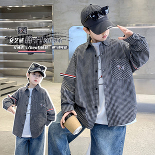 长袖薄韩版学院风黑白格子衬衫男童春秋宽松长袖棉质衬衣外套百搭