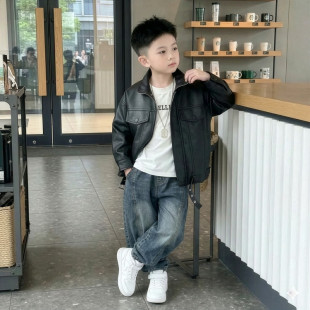 韩版 男童皮衣春秋款 百搭PU皮夹克痞帅潮酷外套 薄款 超好看2026长袖