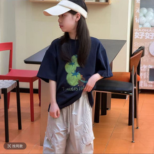 韩式休闲风印花短袖T恤女童夏季宽松设计感小众蓝色上衣透气薄款
