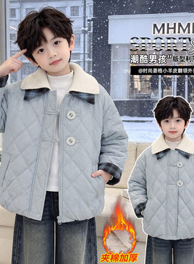 2026新款男童连帽夹棉外套秋冬加厚保暖棉服淡蓝色拉链防风棉袄