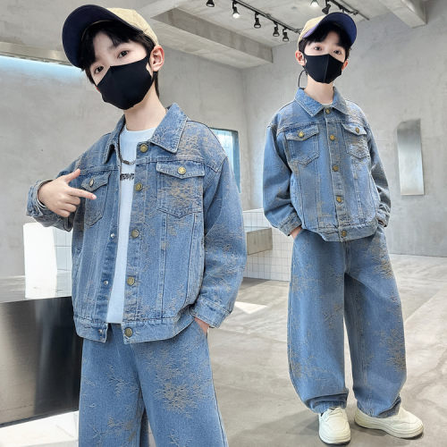 长袖薄款男童牛仔套装春秋新款时尚外套裤子两件套洋气休闲街头风