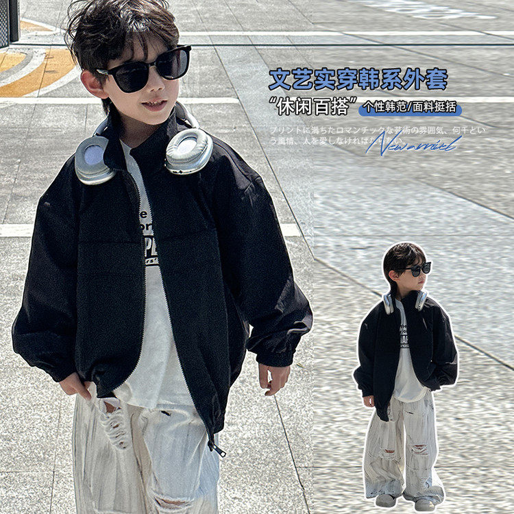 2026长袖薄款韩版立领拉链飞行员夹克男童春秋短款外套黑色休闲风