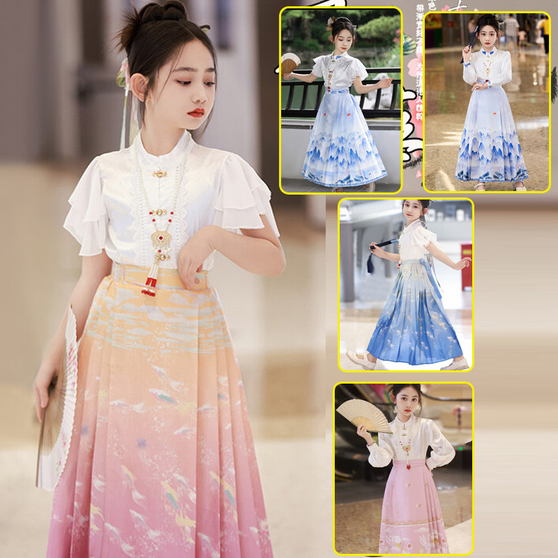 长袖女童青花瓷马面裙套装中国风汉服改良古装演出服新中式亲子装